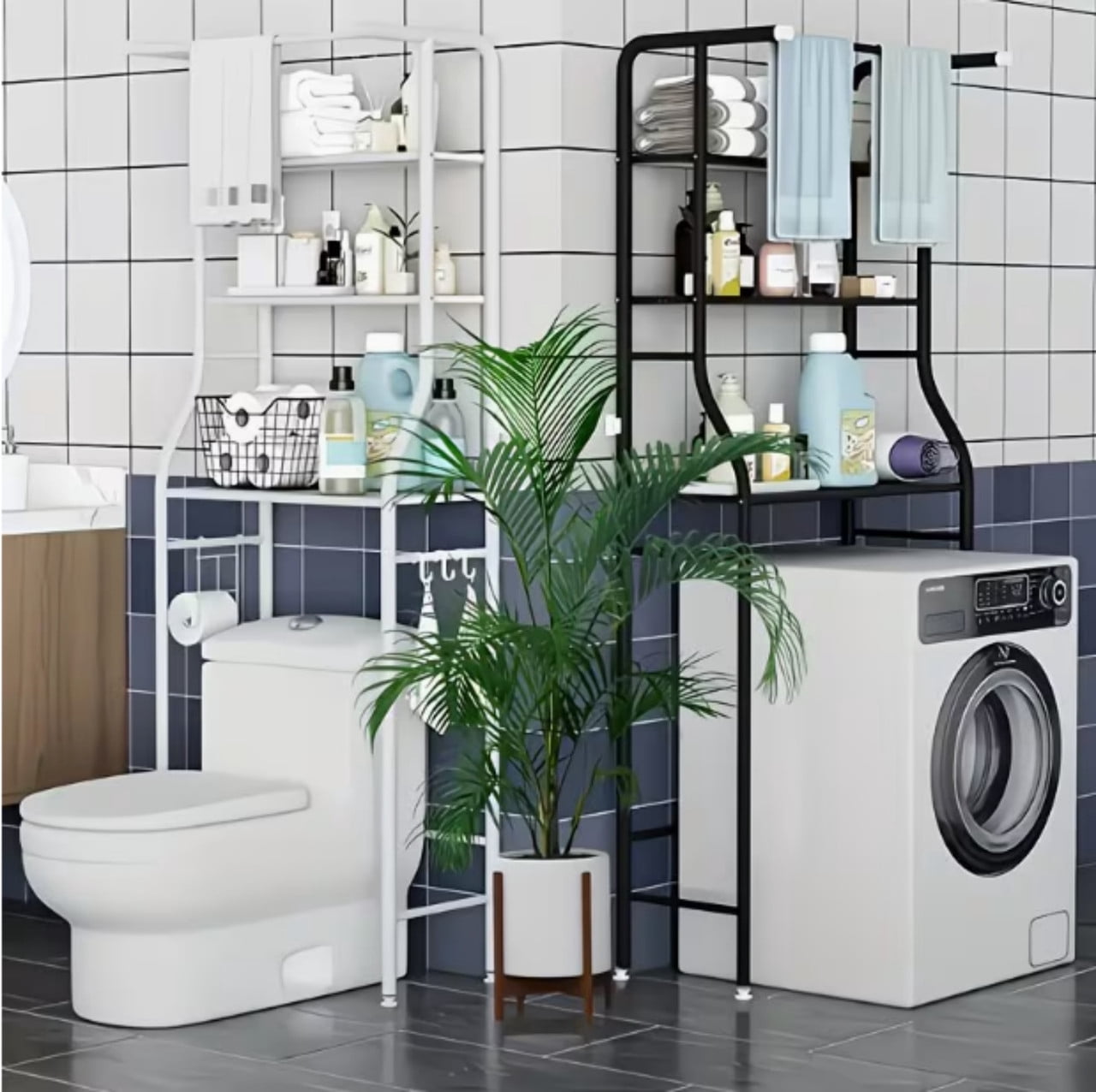 3-Tier Over the Toilet Storage Shelf with Adjustable Foot Pads, Anti-Tilt Metal Bathroom Organizer with Paper Holder & 4 Hooks, No Drill Space Saving Toilet Rack