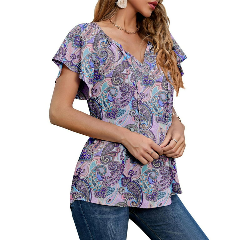 B91xZ Women Plus Size Tops Women Summer Casual Tops Shirt Boho Floral Print  V Neck Chiffon Tops Drawstring Short Sleeve Blouse Plus Size Purple,XXL 