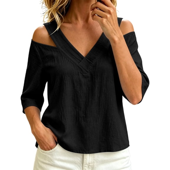 Edvintorg Women's Plus Size Tops Cold Shoulder 3/4 Sleeve V Neck Lightweight Loose Casual Pullover Shirt Fashion Clothing Black XL