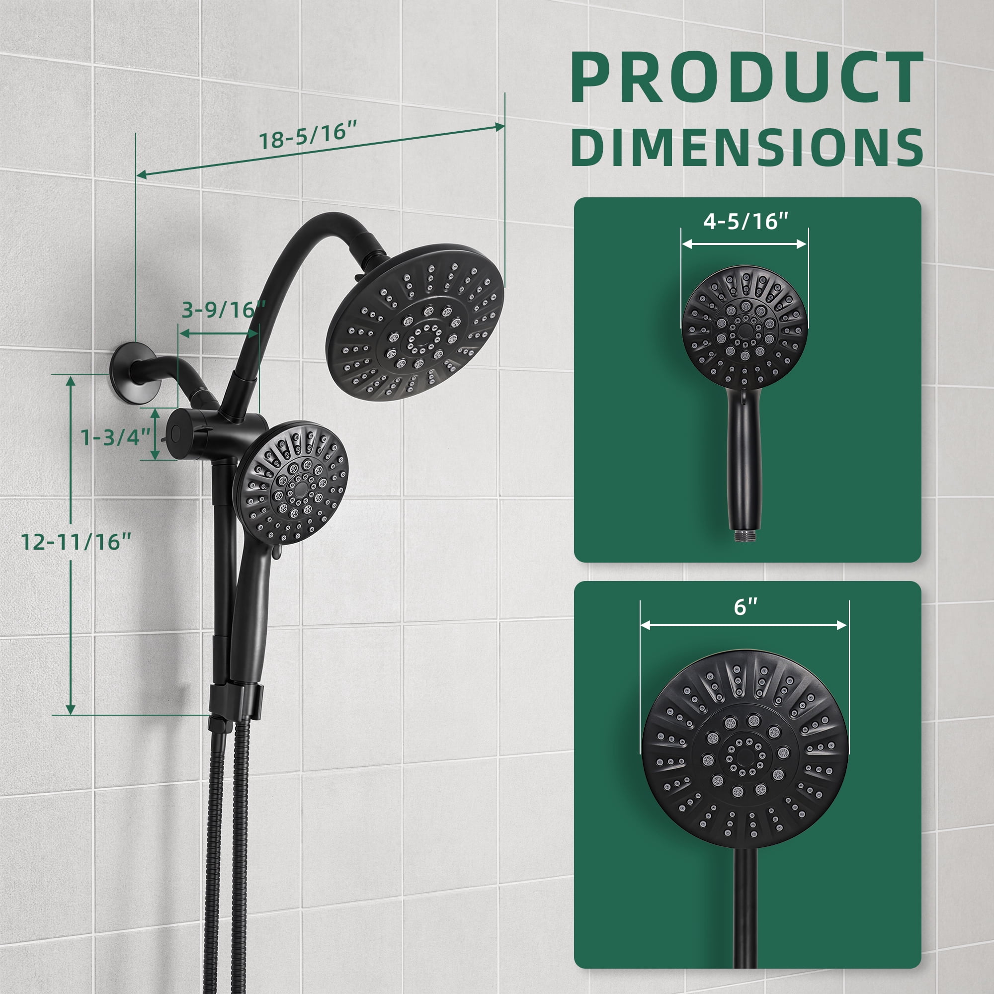 Akicon Rain Shower Head with Handheld Spray Combo, 6-Setting High Pressure Dual Shower Head with Bendable Goose Neck Shower Arm, Rainfall Showerhead System for Bathroom