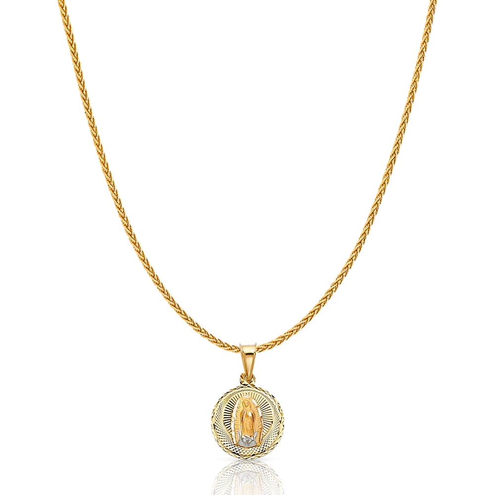 14K Tri Color Gold Diamond Cut Baptism Stamp Charm Pendant with 1.1mm Wheat Chain Necklace