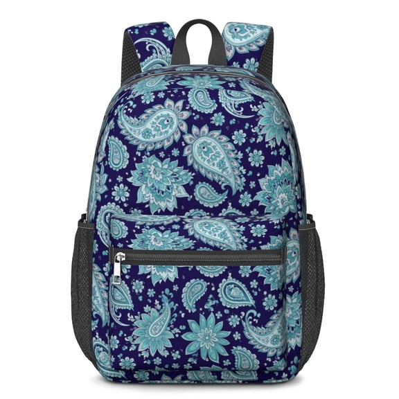 Paisley and Floral Blue Pattern 17" Waterproof Oxford School Backpacks for Teens, S-Shape Padded Straps, for School, Travel, Hiking, Camping