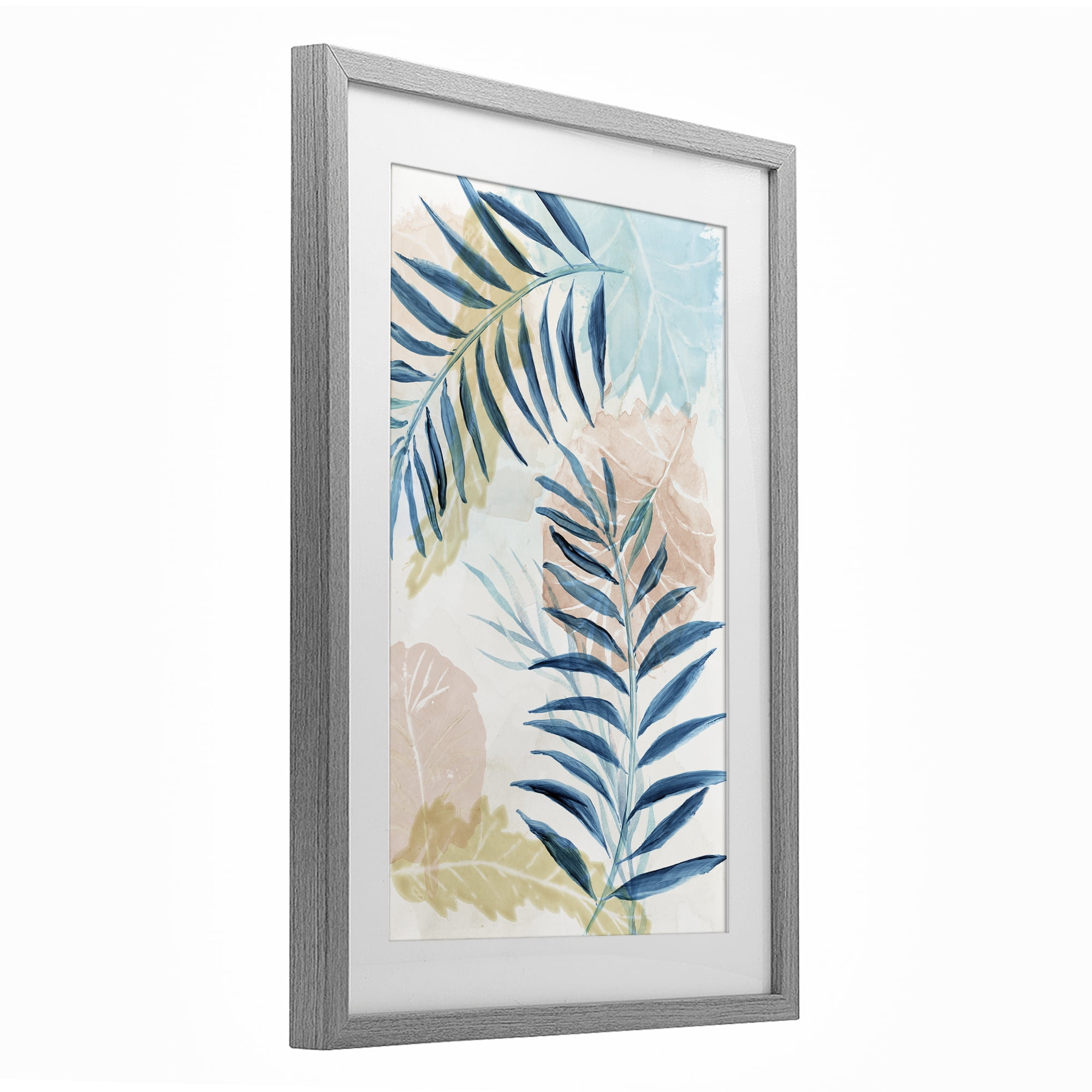 Stupell Industries Blue Palm Fronds in Pastel Haze Gray Framed Print Under Glass, design by Nan