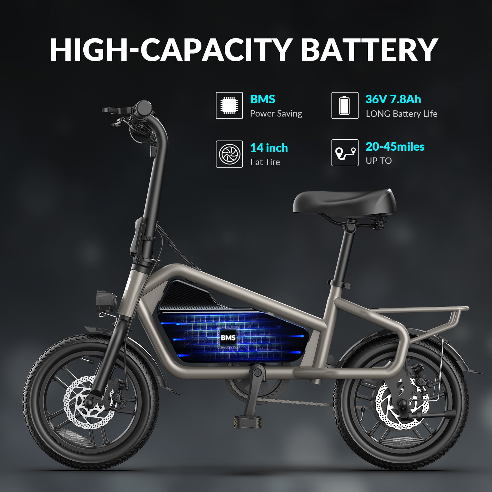 5TH WHEEL 14" Electric Bike for Adults with 650W Peak Motor Electric Bicycle, 36V 7.8Ah Battery Ebike, UL2849