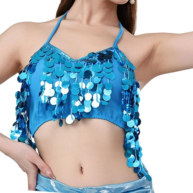 Top corto con borlas para danza del vientre, llamativo atuendo para fiestas y clubes, top con brillo para Azul claro