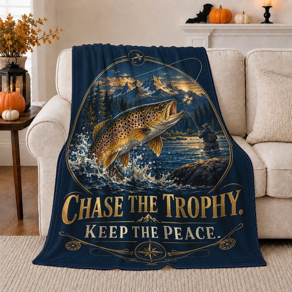 Chase Trophy Keep Peace Trout Fishing, Peaceful Mountain Lake Scene, Warm Flannel Blanket for Cabin and Lodge, Outdoor Lovers person's Day Gift, Artistic Home Decor