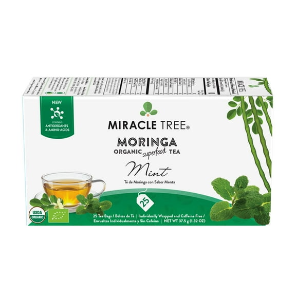 Miracle Tree Organic Moringa Tea, Mint, 25 Enveloped Tea Bags, Superfood, Antioxidants, Vitamins