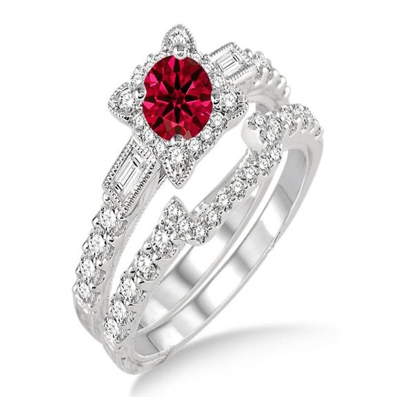 1.5 Carat Ruby & Diamond Vintage floral Bridal Set Engagement Ring on 10k White Gold