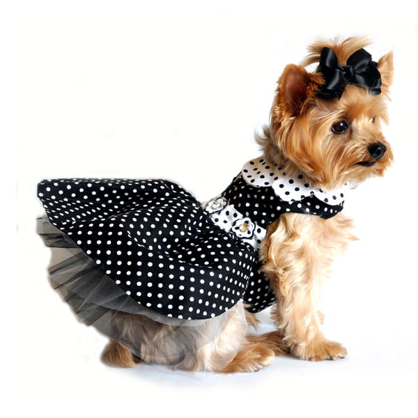 Cha Cha Couture Size Large Black Satin Polka Dot Dog Harness Dress & Leash 
