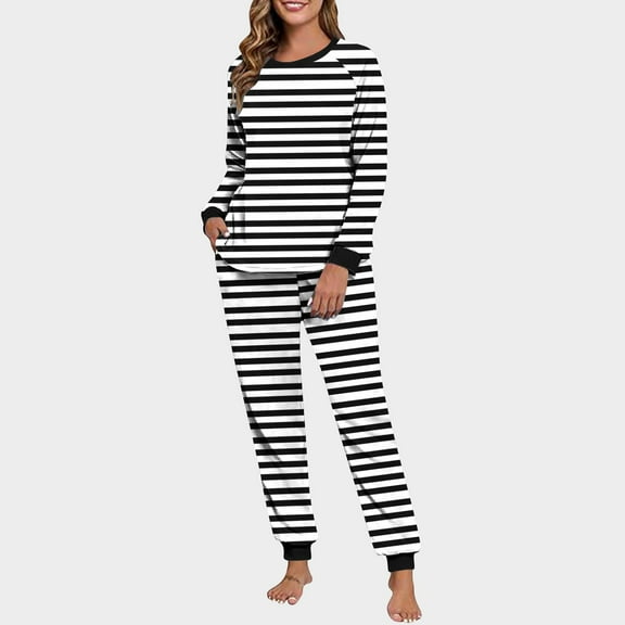 Goodtrade8 Womens Pajamas Holiday 2 Piece Striped Long Sleeve Lightweight Crew Neck Casual Straight Leg Pants Pajama Tops