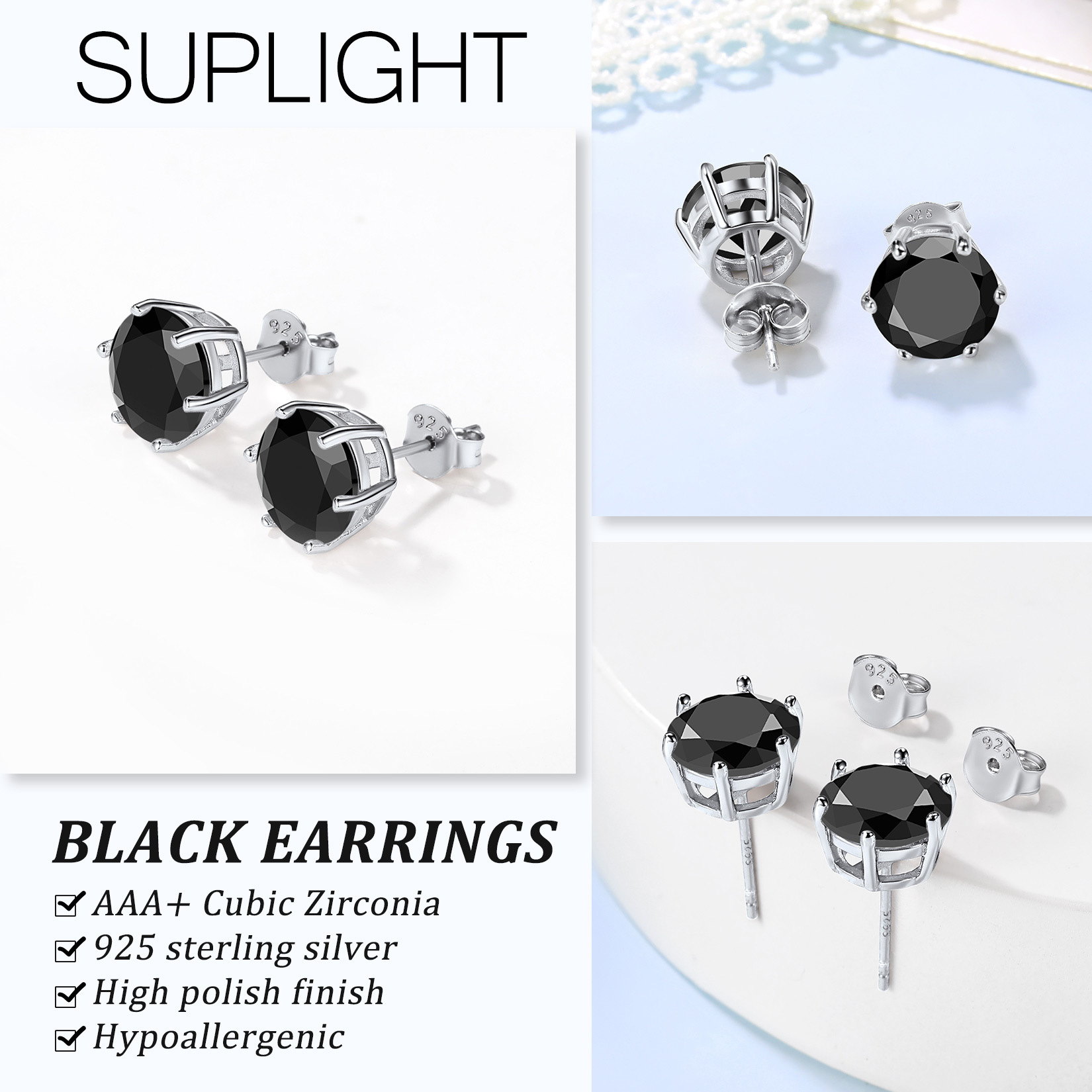 Suplight 925 Stelring Silver Simulated Diamond Black Cubic Zirconia Stud Earrings for Women Men 9mm
