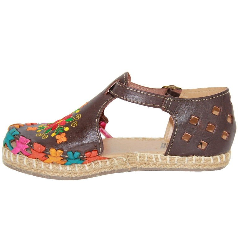 WOMENS LEATHER LACE UP FLAT EMBROIDERED HUARACHE MEXICAN SANDALS