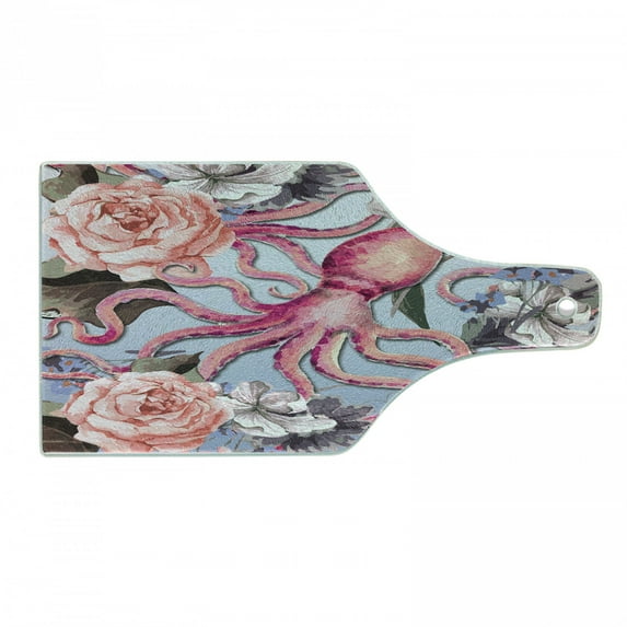 Octopus Cutting Board, Watercolor Style Vintage Inspired Pattern with Octopus and Delicate Flowers, Decorative Tempered Glass Cutting and Serving Board, in 3 Sizes, by Ambesonne