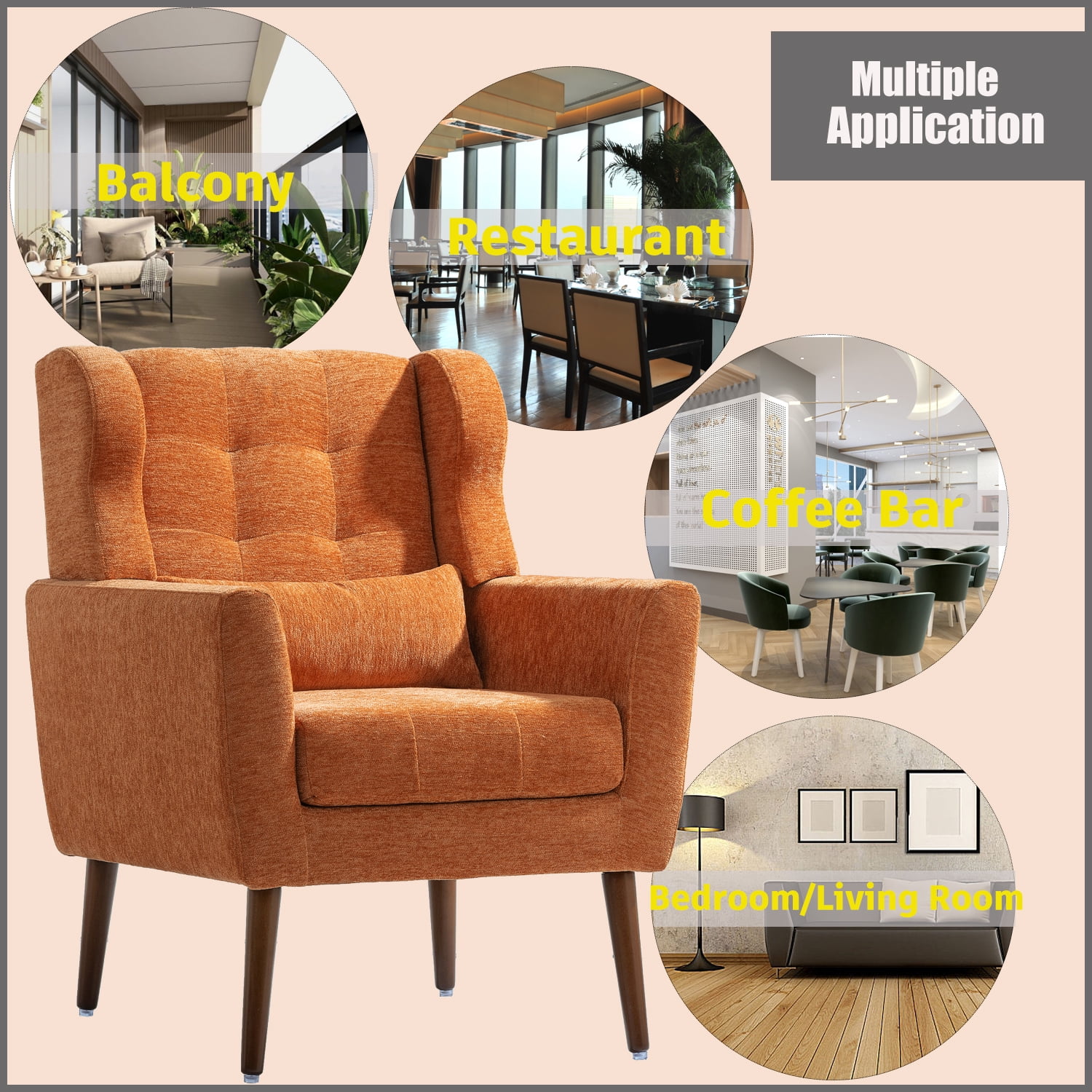 DEALTOPS Upholstered Accent Chair Modern Armchair with Chenille Fabric Lounge for Bedroom-Orange