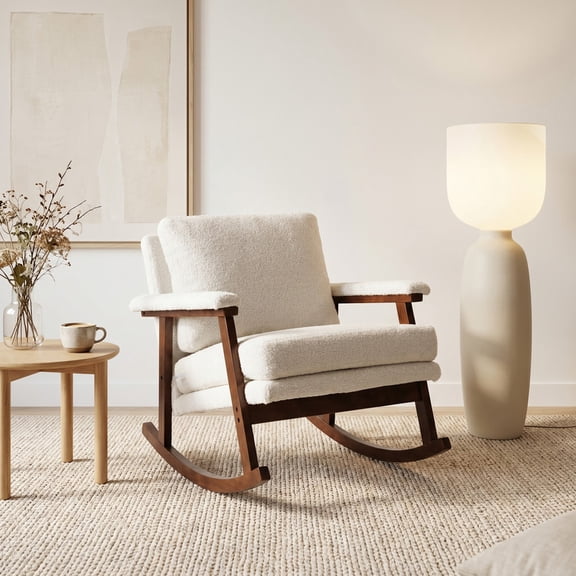 iooHug Mid-Century White Rocking Accent Chair, Upholstered Armchair with Wood Frame for Living Room Bedroom