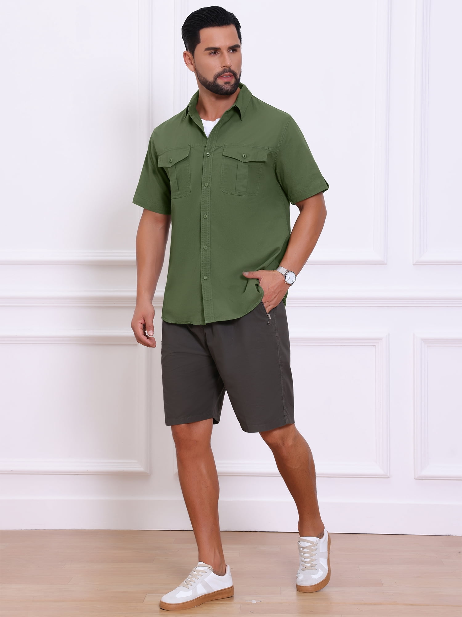 DARING DIVA Men's Fishing Shirt Summer Short Sleeve Hiking Cargo Shirts L Olive Green