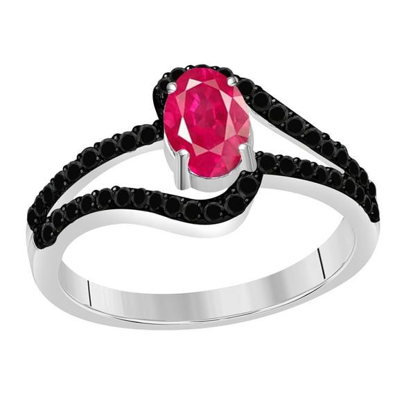 AoneJewelry 1.45 Ct. Created Ruby and Black Diamond Ring In 10K Solid Rose, White & Yellow Gold