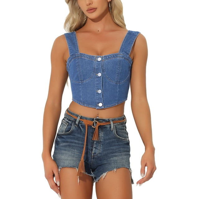 Inspire Chic Tops de mezclilla con corset para mujer, blusa sin mangas, bustier, top corto de jean, L azul