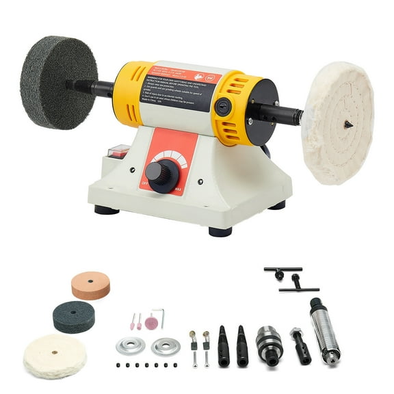KFFKFF Bench Buffer Polisher, 1/2HP Polishing Machine, Adjustable 0-8000RPM Benchtop Grinder with 4" Cloth Wheel, 3" Grinding Wheel & 3" Fiber Wheel for Metal, Jewelry, Wood, and Plastic