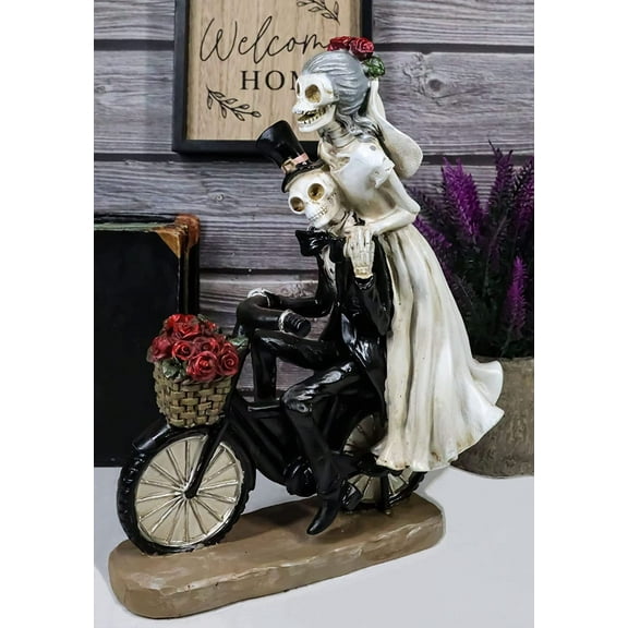 Day Of The Dead Just Married Wedding Bride Groom Skeletons On Bicycle Figurine