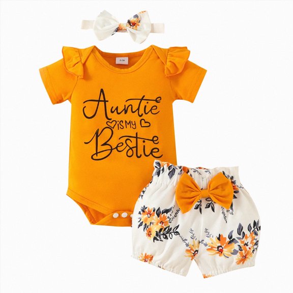HCNTES Baby Girl Clothes 0 3 6 9 12 18 Months Newborn Baby Girl Auntie Outfits Auntie's Bestie Short Sleeve Ribbed Romper Floral Shorts Clothes with Headband