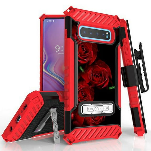 Galaxy S10 Plus (SM-G975) Case, TRISHIELD Rugged Cover With   [Belt Clip Holster]   [Built in kickstand] For Samsung Galaxy S10 Plus - Deep Red Roses