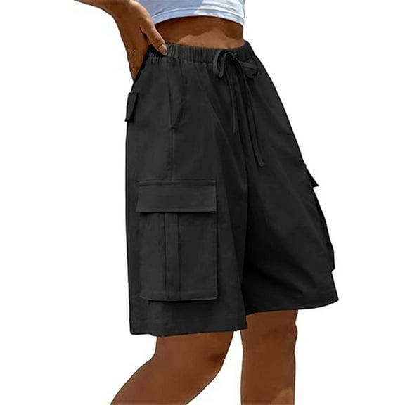 adviicd Women's Summer Casual Cargo Shorts Elastic Waist Drawstring Hiking Bermuda Shorts with Pockets Black, L