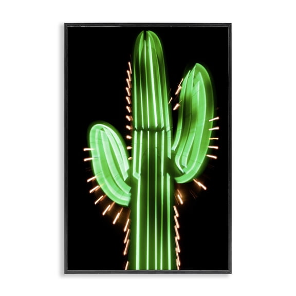 Stupell Industries Neon Lights Cactus Botanical & Floral Painting Black Framed Art Print Wall Art, 12 x 18