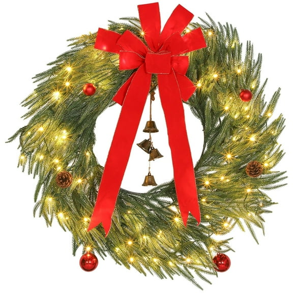 XiHuaZhaoChen 36"  Christmas Wreath, Foldable Wreath with Big Bow and Red Berry Picks, Battery Operated  LED Light Up Xmas Wreath for Front Door Hanging Decoration