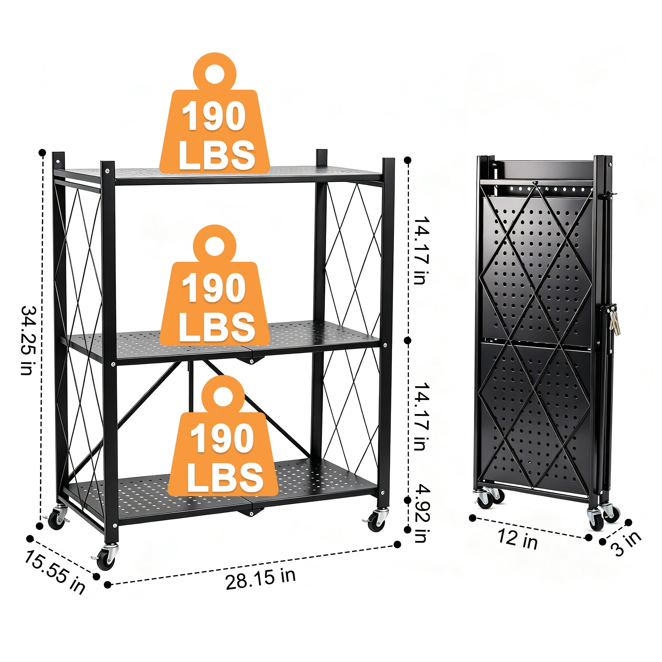 GARITIN 3‑Tier Rolling Storage Rack with Wheels, Foldable Heavy‑Duty Metal Storage Shelves, Organizer Shelf for Kitchen Living Room, Black