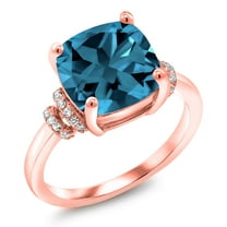 Gem Stone King 18K Rose Gold Plated Silver London Blue Topaz Engagement Ring for Women | 5.49 Cttw | Cushion 10MM | Gemstone November Birthstone | Size 9
