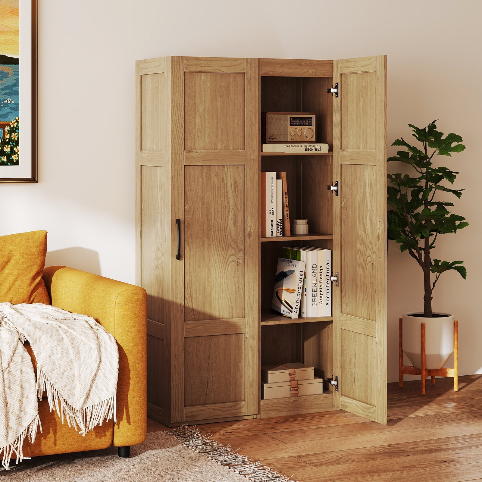 Gymax Tall Storage Cabinet Narrow Farmhouse Freestanding Floor Cabinet w/ 4 Shelves Natural