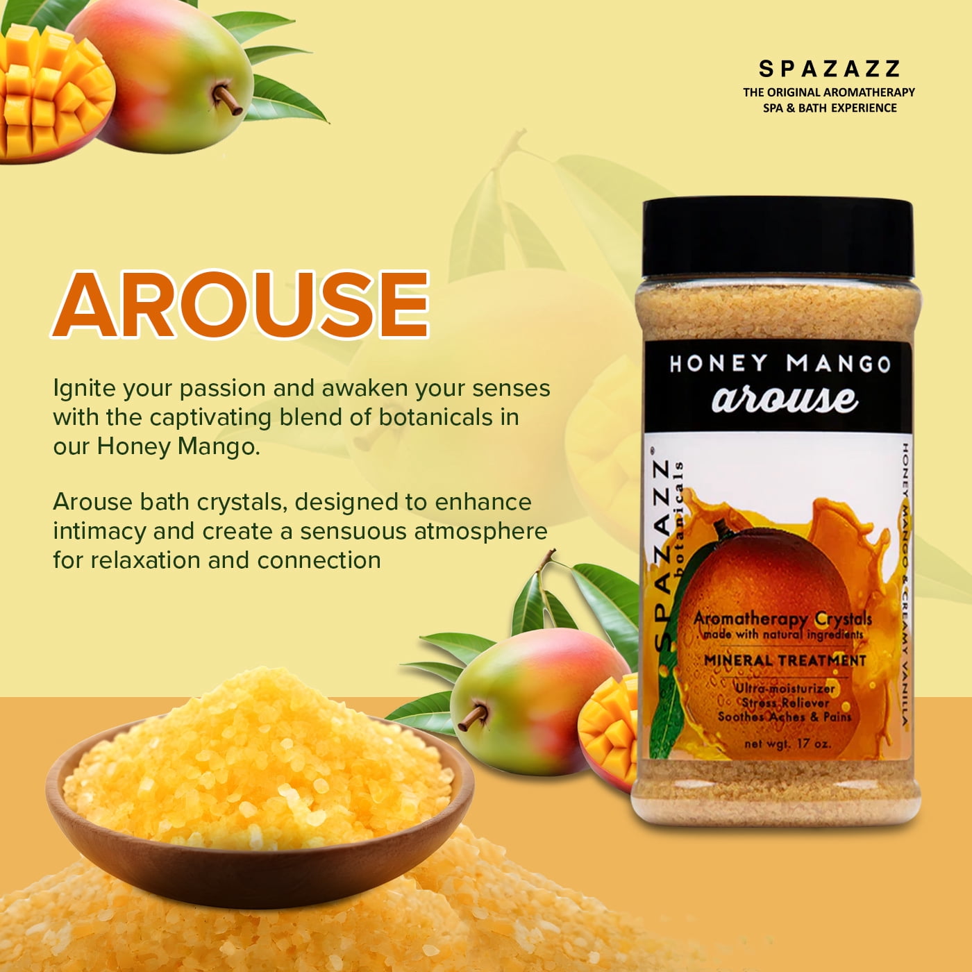 Spazazz Botanicals Aromatherapy Honey Mango - Arouse Spa and Bath Crystals, 2 Pack - 17 oz. Crystals and Bath Salts for Hot Tub and Bathtub Spa - Aromatherapy Scented Salts for Relaxation!
