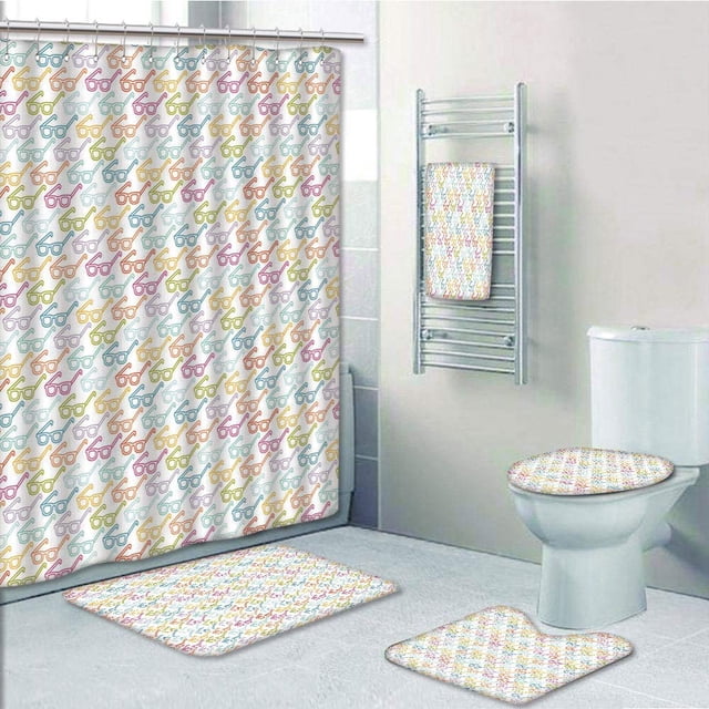 EREHome Indie Colorful with Classical Old Fashioned Eyeglasses Nerd Smart Hipster Doodle 5 Piece Bathroom Set Shower Curtain Bath Towel Bath Rug Contour Mat and Toilet Lid Cover