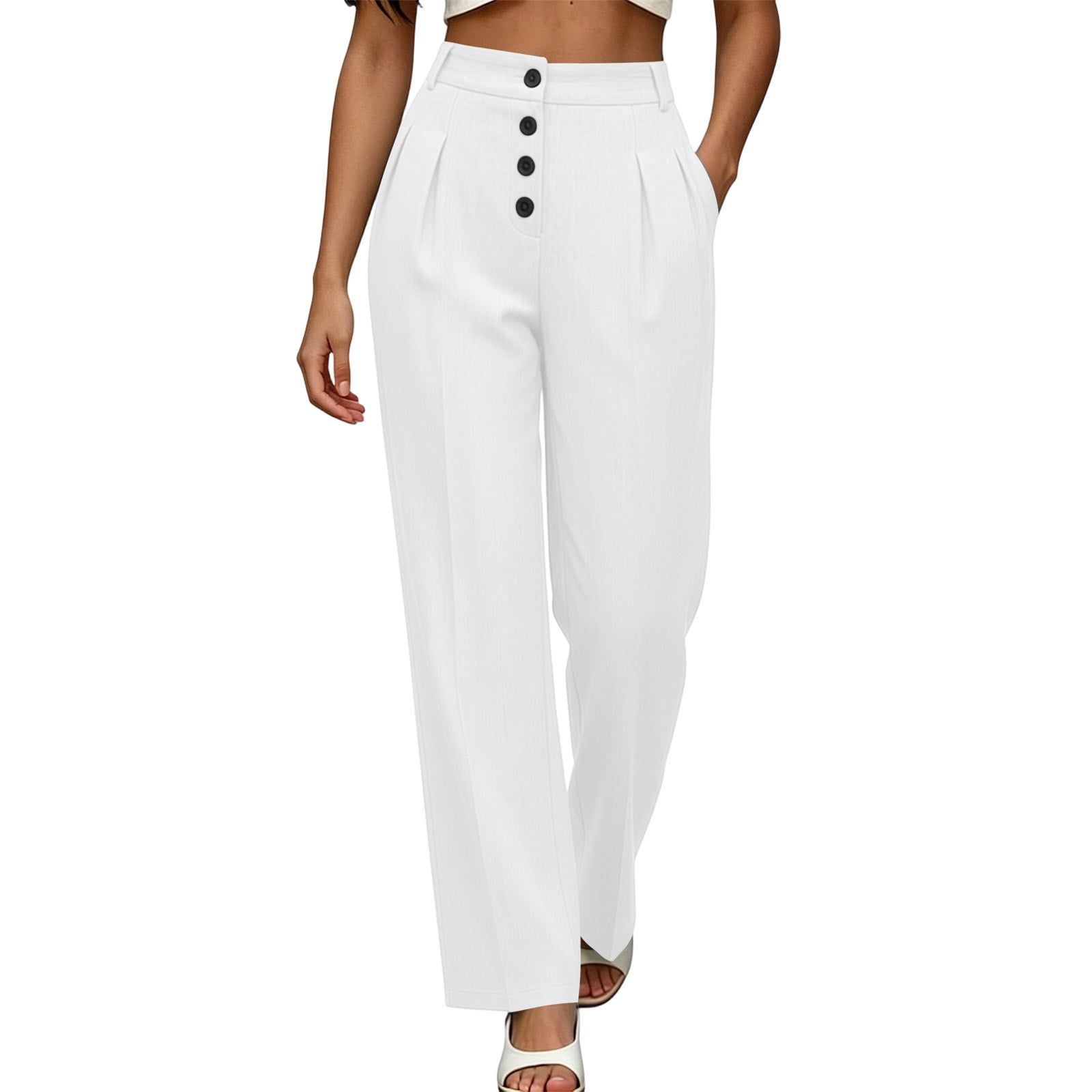 ClodeEU Women s High Waist Button Straight Leg Dress Pants Casual Pleated Loose Trousers with Pockets White Women s Plus M