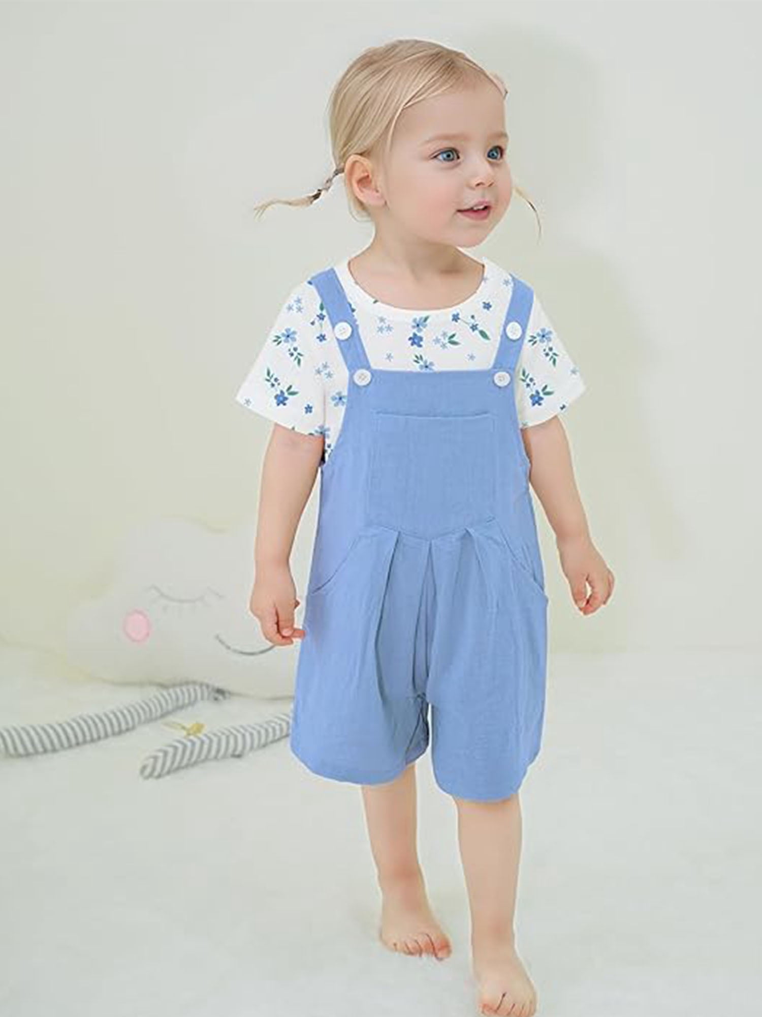 CARETOO Toddler Girl Clothes 2Pcs Baby Girl Outfits Floral T-Shirt Bib Overall Shorts Clothing Set