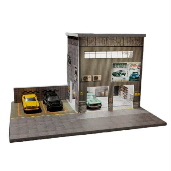 1:64 Scale Diorama Diecast Car Garage Model Set LED Lighting Car Parking Lot Scene Display Case, Japanese City Street Repair Shop Building Model Collection Case
