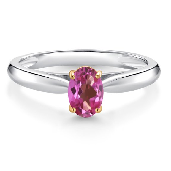 Gem Stone King 0.50 Ct Oval Pink Mystic Topaz 10K White and Yellow Gold Solitaire Engagement Ring (Size 6)