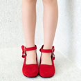 thumbnail image 5 of Mary Janes Shoes for Girls Elegant Suede Chunky Heel Flats with Bowknot Ankle Strap Casual Children Shoes Daily Gown (32,Red), 5 of 6
