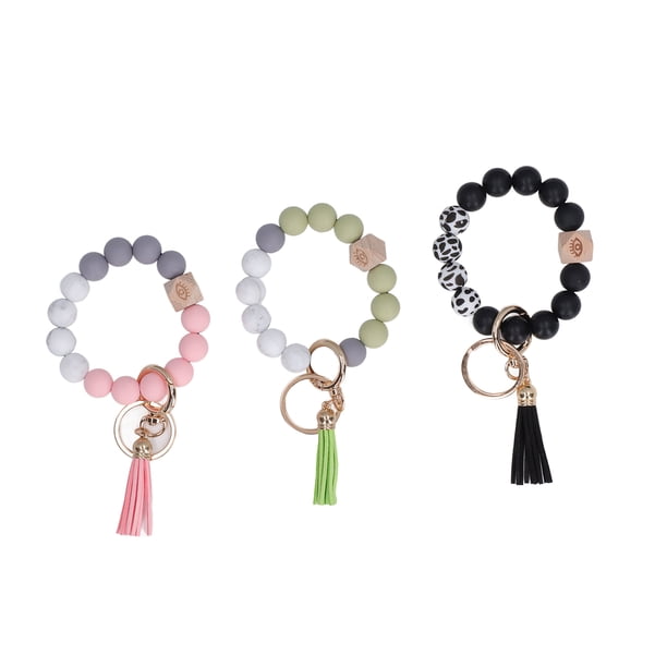 PULSERA CON LLAVERO DE CUENTAS DE SILICONA, LLAVERO DE METAL, Conjunto de Pulsera Con Cuentas Estilo Borlas, Adecuado Para Mochila, Confesiones de Billetera, 3 UDS.