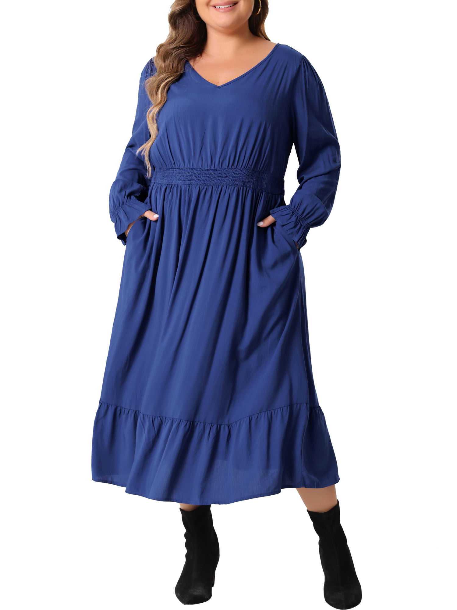 DARING DIVA Plus Size V Neck High Waist Ruffle Long Sleeve Dress 2X Royal Blue