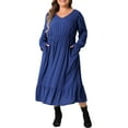 thumbnail image 2 of DARING DIVA Plus Size V Neck High Waist Ruffle Long Sleeve Dress 1X Royal Blue, 2 of 6