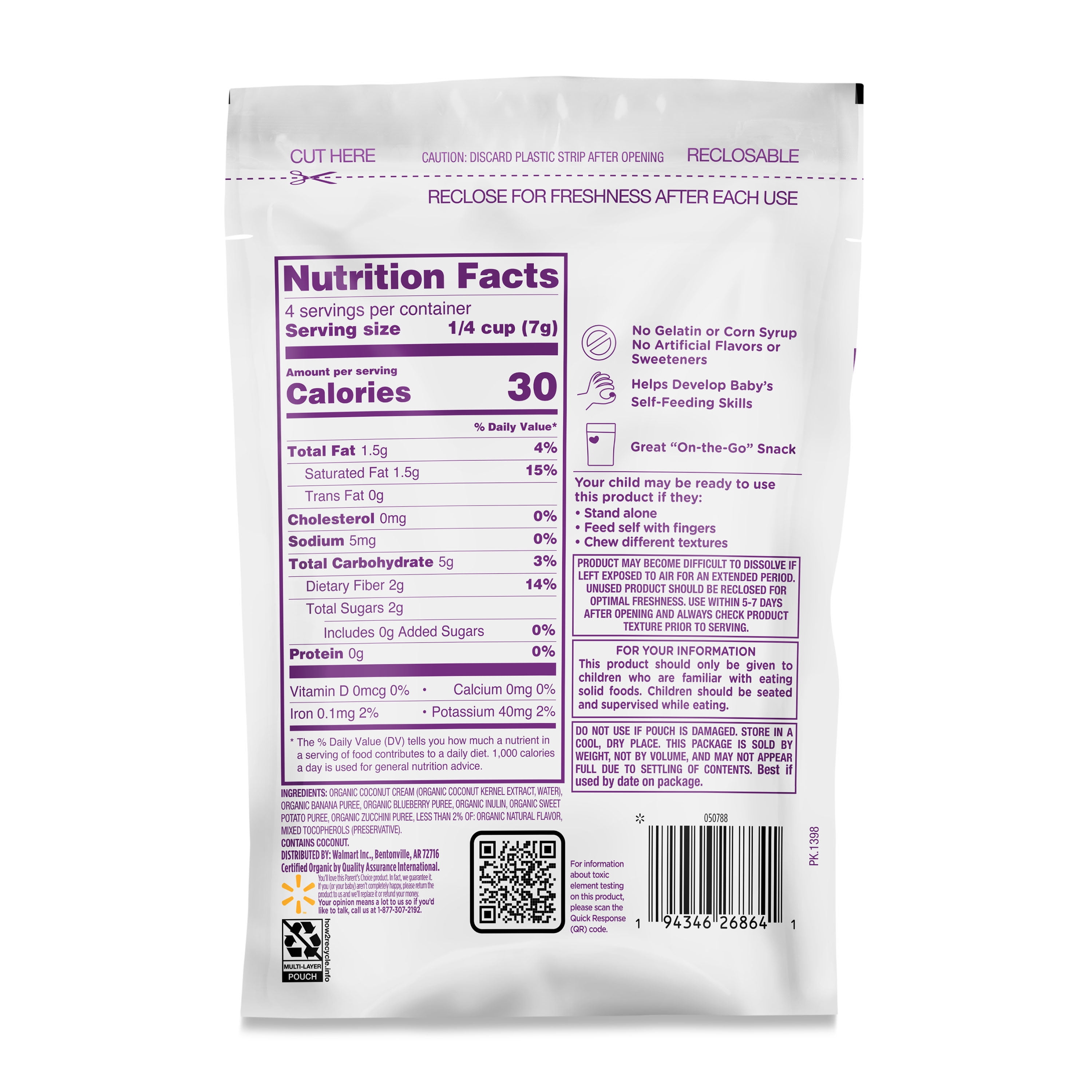 (2 pack) Parent’s Choice Organic Stage 3 Toddler Snacks, Coconut, Blueberry, and Banana Fruit Bites, 1 oz Pouch