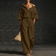 thumbnail image 2 of Women's Linen 2 Piece Outfit Oversized Button Down Shirts High Waist Pleated Wide Leg Pants Matching Tracksuit Set office Casual Outfits Brown, 2 of 7
