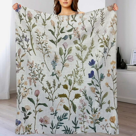 Flannel Blanket for Couch Sage Green Wild Flower Plant Throw Blanket Ultra Soft Warm Fleece Blanket Sage Green Herb Wildflower Botanical Plant Throw Blanket 50"x60"