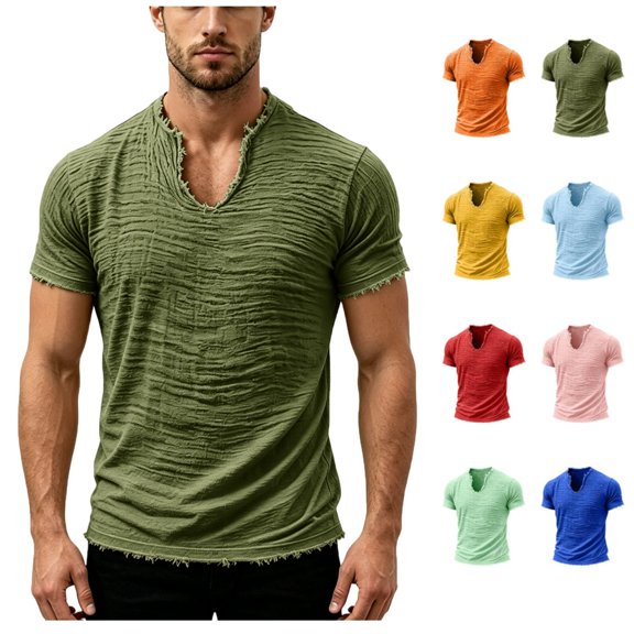 Men's Linen T-Shirts V Neck Raw Edge Washed Distressed Shirts Summer Short Sleeve Solid Loose Beach Tee Tops