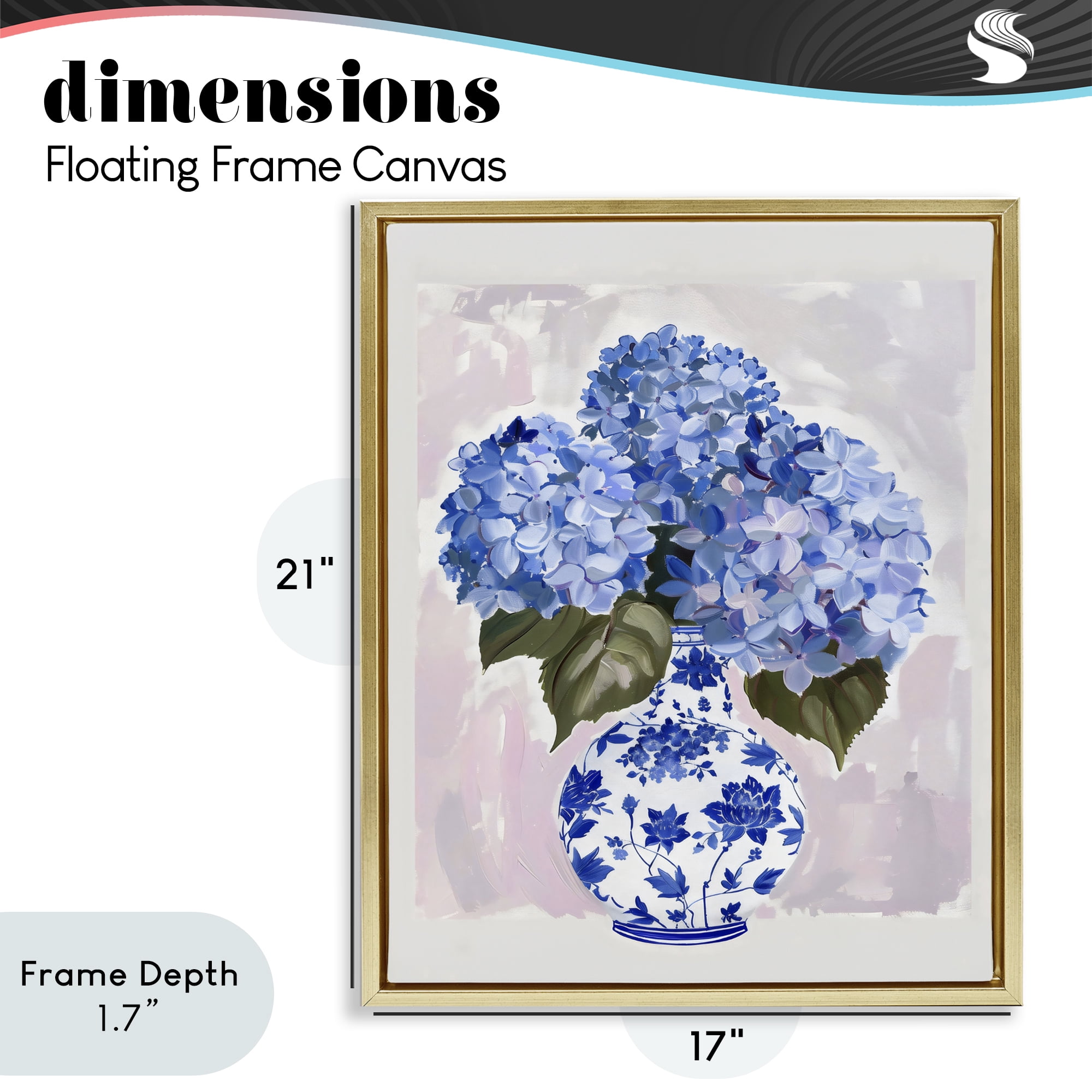 Stupell Industries Blue Hydrangea in Porcelain Vase Gold Framed Floater Canvas Wall Art, design by The Prints Vibe