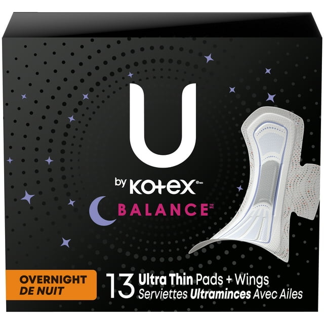 U by Kotex Balance Ultra Thin Overnight Pads with Wings, 13 Count