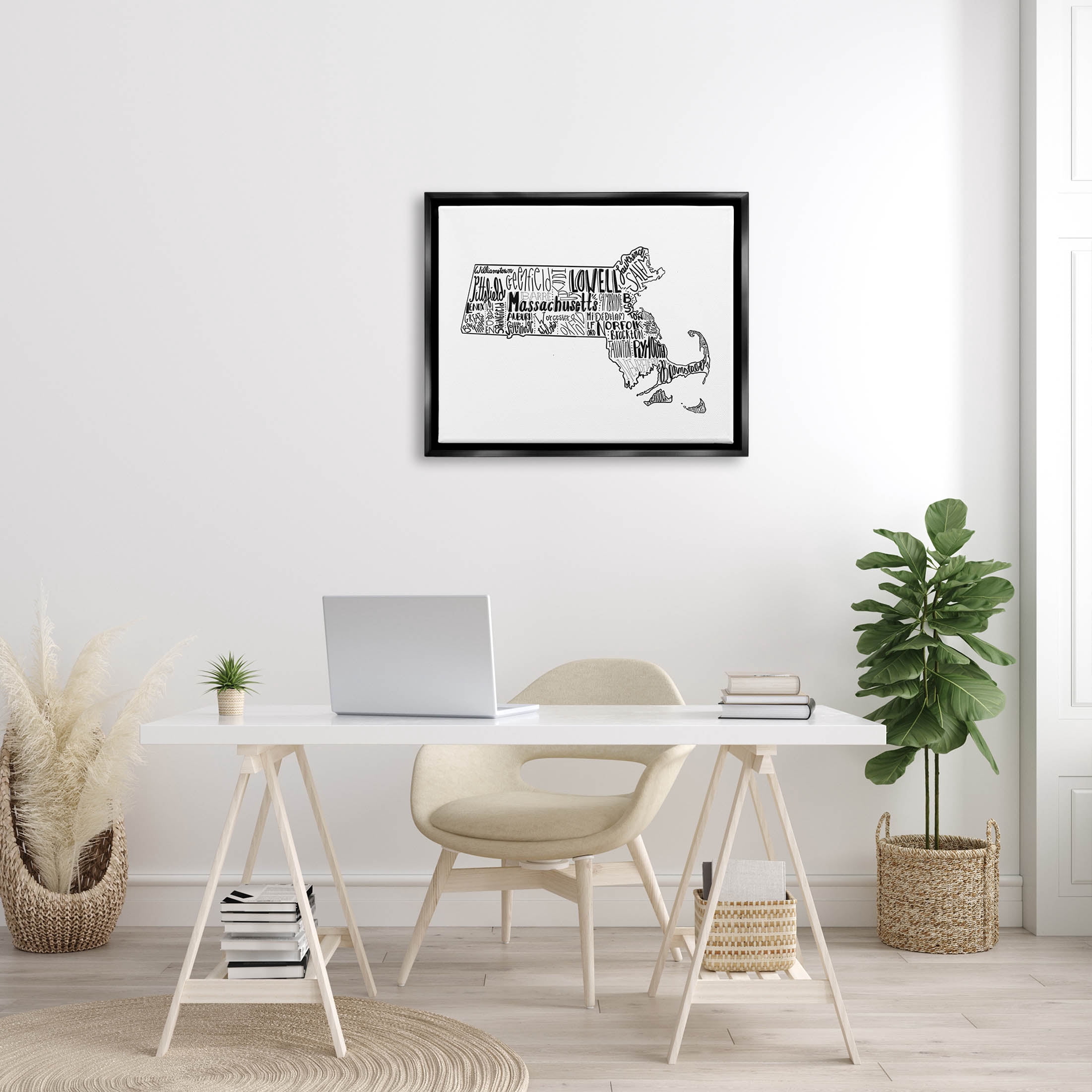 Stupell Industries Massachusetts State Cities Typography Graphic Art Jet Black Floating Framed Canvas Print Wall Art, Design by The Saturday Evening Post