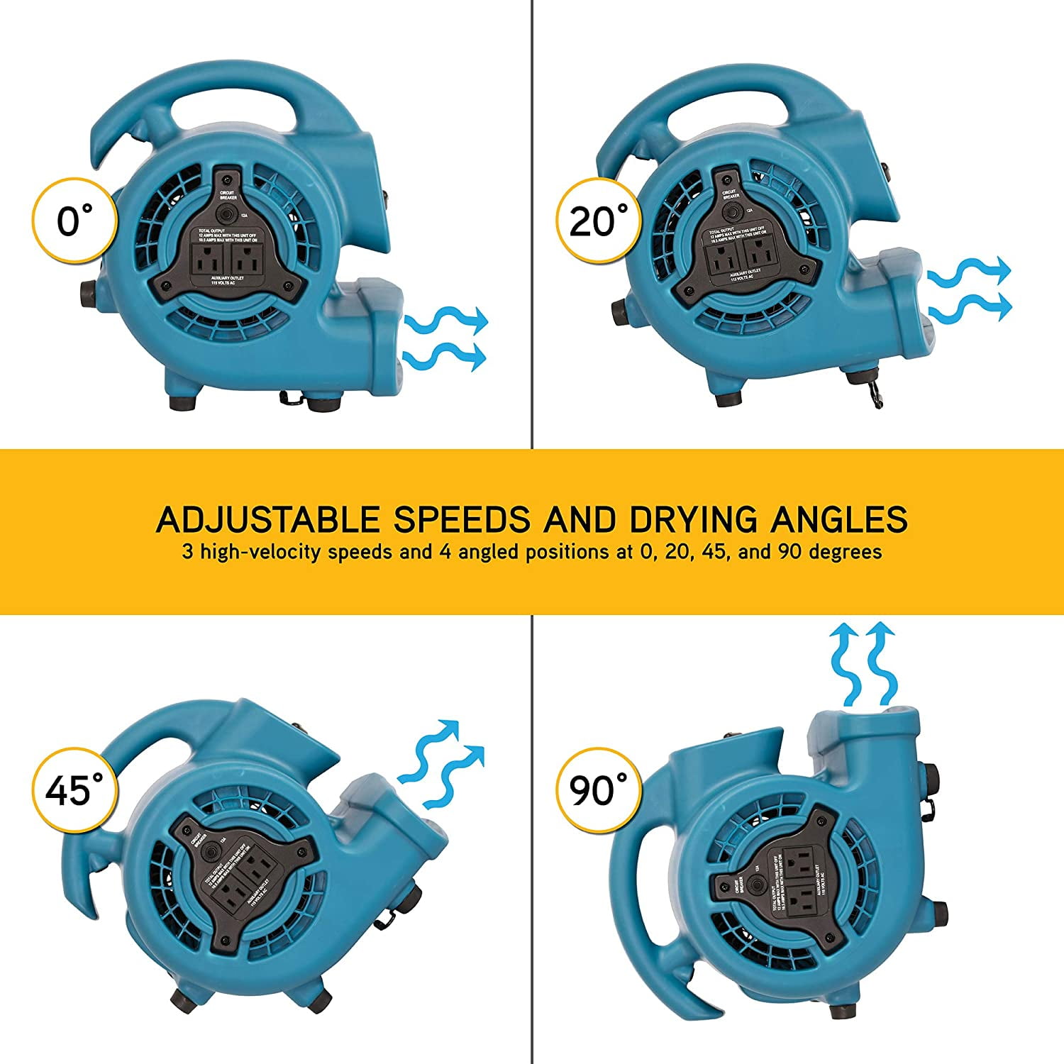 XPOWER P-80A Mini Mighty Air Mover, Utility Fan, Dryer, Blower with Built-in Power Outlets - Blue